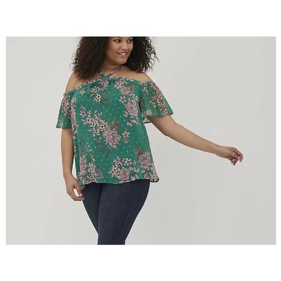 Torrid size 3 Cold Shoulder Halter Top - Crinkle Chiffon Floral Green - Picture 2 of 3